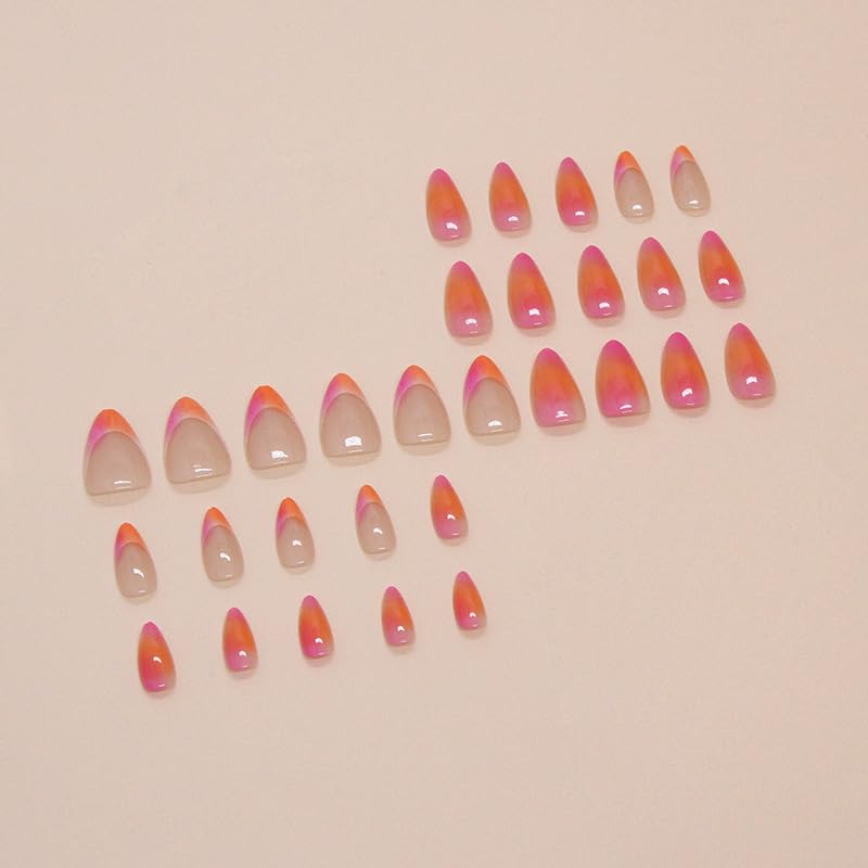 Almond Press On Nails Short Ombre Fake Nails Pink Orange Gradation Nails Press Ons French Acrylic False Nails With Artificial Glossy Designs Full Cover Glue On Nails For Women Girls - Image 3