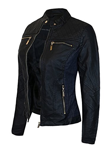 Instar Mode Women's Faux Leather Zip Up Moto Biker Jacket Blue M