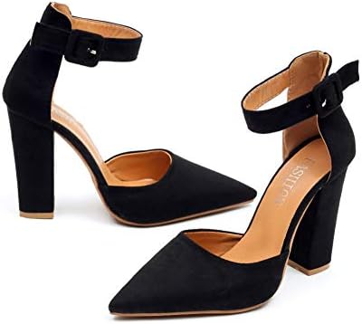 chegong Women's Classic Closed Pointed Toe Ankle Strap Pumps Chunky High Heel Sandals