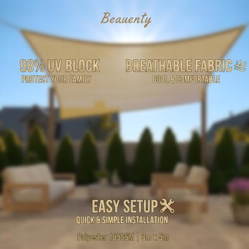 Beauenty Sun Shade Sail Canopy,98% UV Block,Rectangular Curved Canopy,Permeable 185GSM Sail Shade Cover for Patio,Garden,Pergola,Backyard,Outdoor Facility&Activities(3m x 5m)