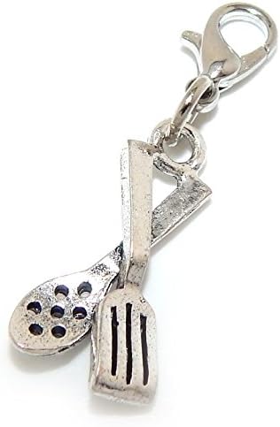 Silver Plated Dangling Clip-on "Spatula and Slotted Spoon" Bead Charm