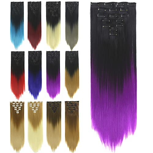 IMISSU 24 Inch 7PCS Set Long Straight Clip in Hair Extensions Ombre Color Full Head Hair Extension Hairpiece for Women 120g (Ombre Purple)