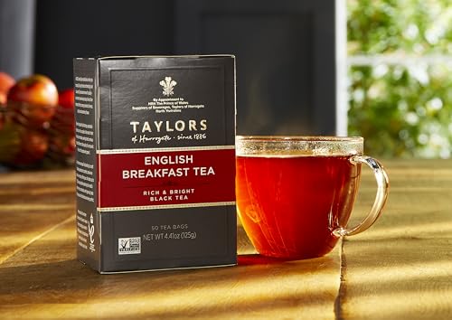 TAYLORS OF HARROGATE ENGLISH BREAKFAST, BLACK TEA, PILLOW TEA BAGS, 50 COUNT (PACK OF 1), RICH, BRIGHT & MALTY, CAFFEINATED, ENJOY HOT OR ICED, 50 TEABAGS