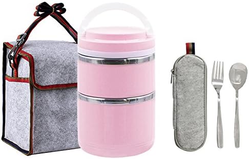 Stainless Steel 2-Tier Insulated Bento Lunch Box Food Containers-Stacking Food Storage Carrier With Bag Cutlery(Pink)