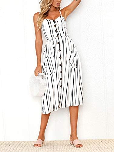 SWQZVT Women's Dress Summer Spaghetti Strap Sundress Casual Floral Midi Backless Button Up Swing Dresses with Pockets S-3XL