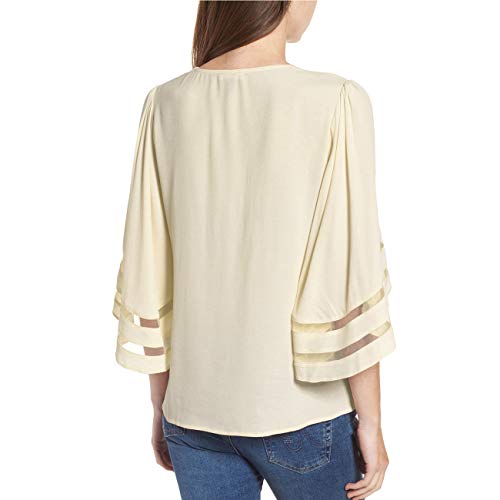 Shy Velvet Women's V Neck 3/4 Bell Sleeve Chiffon Blouse Mesh Panel Loose Top Shirts Beige - Thumbnail 2