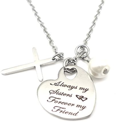 "Always my Sisters Forever my Friend" Titanium Cross Stainless Steel Heart Pendant Pearl Necklace