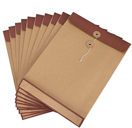 10Pcs A4 Kraft Envelopes File Folder with String Brown Paper Project Folder Document File Holder Foolscap Portfolio File Bag Storage Pouch Project Report Pocket Paperwork Organizer for Office School
