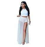 Womens Sexy 2 Pieces Outfits Chiffon Wrapped Crop Top Skirt Bandage Club Dress (L, white)