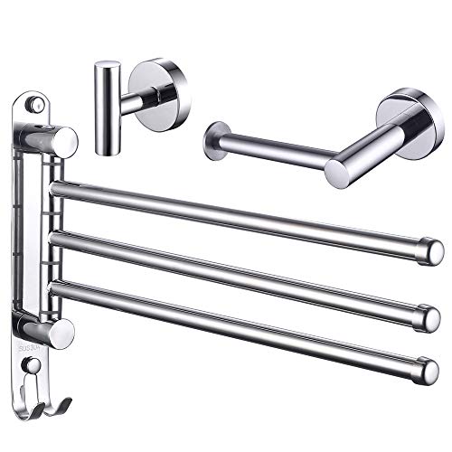 ESOW 3-Piece Bathroom Hardware Set, SUS304 Stainless Steel Polished Chrome Finish, Bathroom Accessories Set Wall Mounted (3-Arms Swivel Towel Bar & Bath Towel Hook & Toilet Paper Holder)