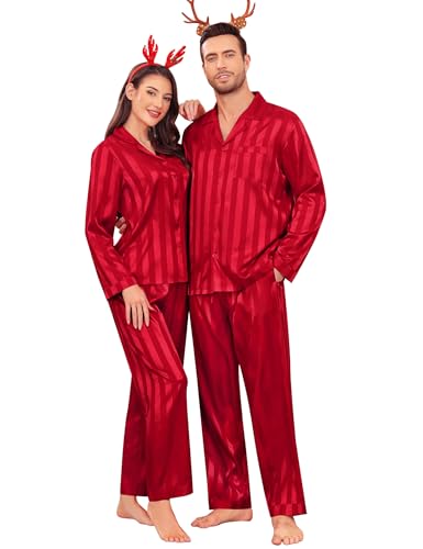 SWOMOG Couples Pajama Set Women & Men Satin Long Sleeve Sleepwear Silky Classic Button Down Soft Loungewear Pjs Sets Men Red Striped XX-Large at Amazon