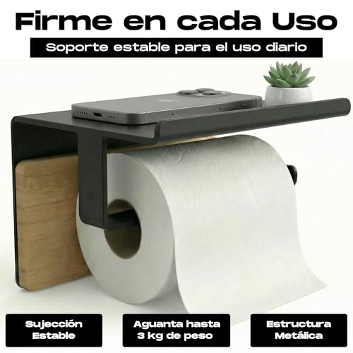 BYSER Adhesive Toilet Paper Holder with Shelf + 2 Hooks, Black Stainless Steel and Bamboo, Toilet Paper Holder Wall Without Drill, with Modern Bathroom Accessories