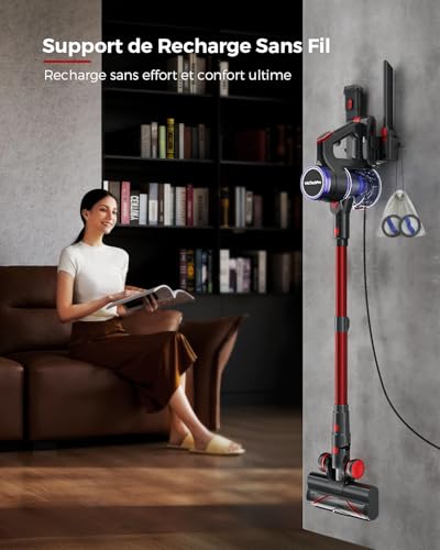 VACTechPro Cordless Vacuum Cleaner 55KPa/600W, 70 Min Autonomy, Cordless Vacuum Cleaner with 1.6L Dust Tank, 8 Layer Filtration, Anti-Tangle Floor Brush, Purple and Red