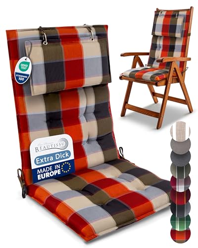 Beautissu 4er Set Premium Hochlehner Auflage Kopfpolster Gartenstuhlauflage
