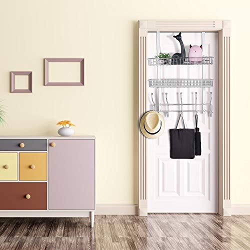 Coat Rack, MILIJIA Over The Door Hanger with Mesh Basket, Detachable Storage Shelf for Towels, Hats, Handbags, Coats (Chrome-2 Layer)