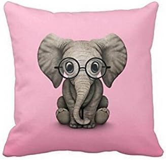 Pink Cute Baby Elephant With Reading Glasses Polyester Throw Pillow Case Cushion Cover 16 X 16 Inches