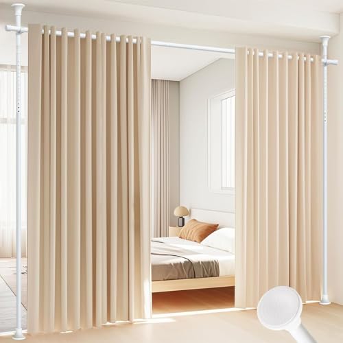 Dsocool Room Divider Curtain Rod, No Drilling Room Separator for Space Partition Adjustable 122-305cm(H) 70-177cm(W) Heavy Duty Temporary Wall Divider Floor to Ceiling Tension Rod, White