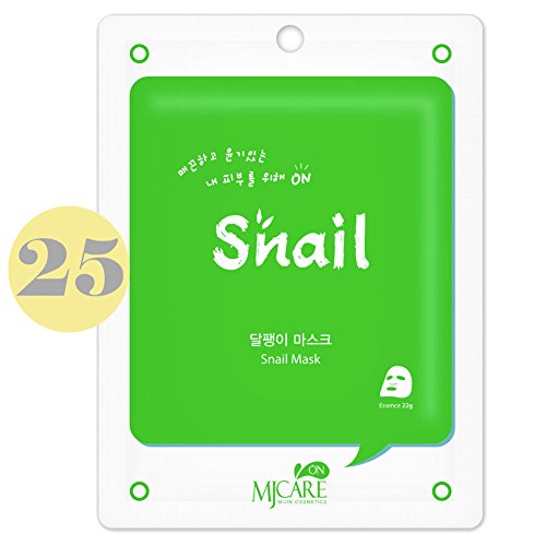 Pack of 25, The Elixir Beauty Korean Cosmetics MJ On Collagen Essence Full Face Facial Mask Sheet, Snail Essence