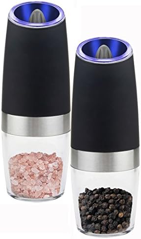 Gravity Electric Salt and Pepper Grinder Set of 2,Battery Powered Salt and Pepper Shakers , Adjustable Grind Coarseness with Blue LED Light, Automatic Pepper Mill and Salt Mill