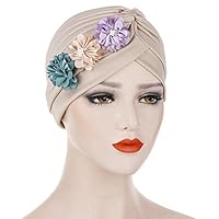 blackbirdlee Stylish Turban Hat, Women Muslim Three Flower Drape Turban Hat Indian Cap Solid Color Hijab Headwrap, Long Hair Head Scarf Headwraps Cancer Hats Beige