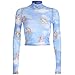 malianna Women Angle Print Perspective Turtleneck Long Sleeve Mesh T-Shirt (S) Blue