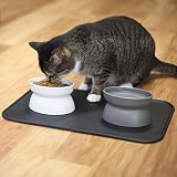 Kitty City Raised Cat Food Bowls and Mat Kit, Each holds 6.5 ounces- Pet Bowl for Dogs Cats and Pets