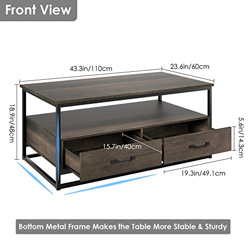 HOMECHO Industrial Coffee Table 43”, Wood and Metal Cocktail Table with