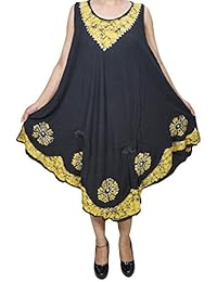 Womens Tank Dress Cover up Batik Print Embroidered Sleeveless Loose Flare Sundress