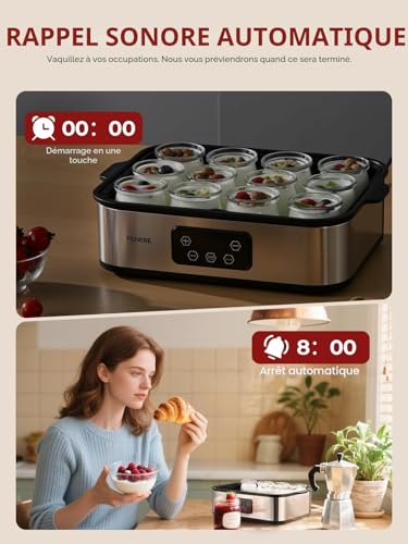 FOHERE Yogurt Maker, 12 Jars, 180 ml, 25 W Homemade Yogurt Machine, Programmable, LCD Display, Stainless Steel Body, BPA-Free, Dishwasher Safe, Automatic Shut-Off