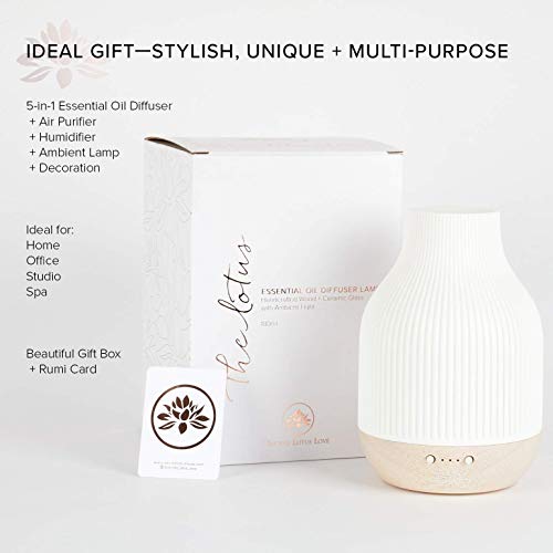 Essential Oil Diffuser Lamp, White Ceramic + Wood, Ultrasonic 180ml, Whispersoft, 4 Timers + 5