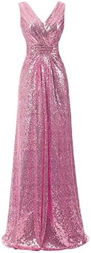 Women's Sequins V Neck Ball Gown Evening Prom Gown Wedding Dress Pink US18W