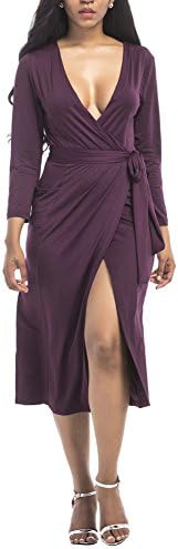 Women's Plus Size Sexy Deep-V Neck Belted Midi Dress 3XL