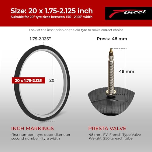 Fincci 20 BMX Inner Tubes - Pair of Inner Tubes Road Bike 20 x 1.75 x 1.95 x 2.1 Inch for BMX, Road Bike, Hybrid Bicycles - Presta Inner Valve 48mm - Pack of 2