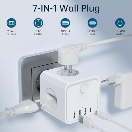 7en 1 Ladron Múltiples Tomas USB,Ladron Enchufes Múltiple con 2 Europea y 1 Toma Schuko CA Regleta, Enchufe Multiple Pared con Interruptor, Enchufe USB para Oficina, Cocina y Habitación