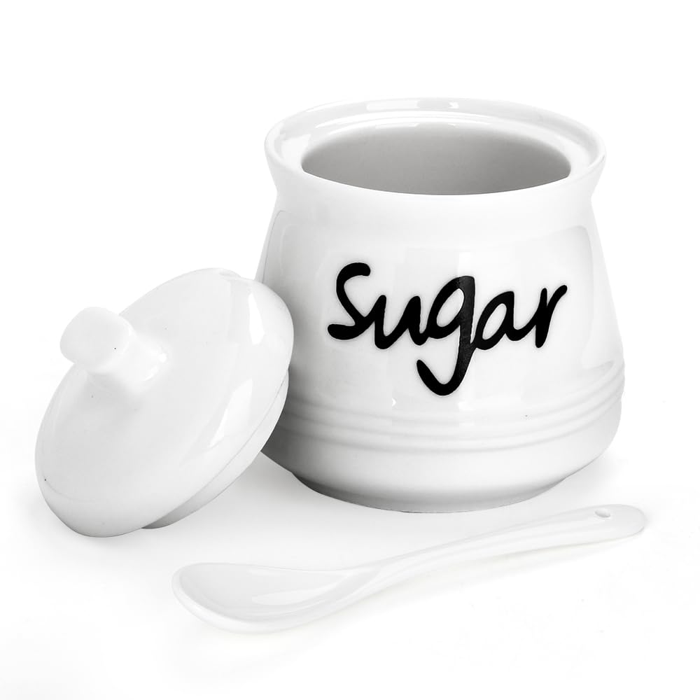 Cyimi Sugar Bowl Porcelain with Lid and Spoon, 355 ML/12 OZ, Ceramic Sugar Storage Jar, Sugar Salt Pot Seasoning Canister Suit for Coffee Bar, Restaurant, Home, Kitchen