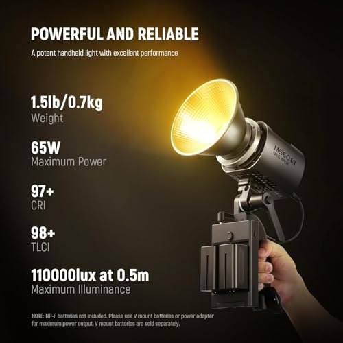 NEEWER MS60B Bi Color COB Portable Video Light with 2.4G/APP Control, 65W Metal Mini Handheld Continuous Output Lighting Bowens Mount 2700K-6500K, 40000lux/1m, CRI 97+/TLCI 98+, 12 Effects,PWM Dimming