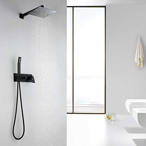 RBROHANT Solid Brass Matte Black Shower System, High Pressure Rainfall Shower Fixtures Complete Faucets Sets, 10 Inch Black Shower Head Combo Luxury Rain Mixer (Valve include)(Classy) - Thumbnail 3