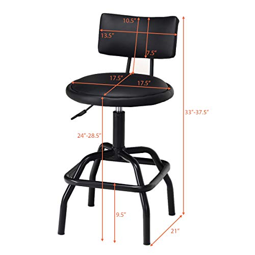 Costway Hydraulic Stool, Comfortable Adjustable Heavy Duty Steel Frame Armless Bistro Pub, 360-degree Swivel Black Chair with Footrest and Modern PU Leather Cushion and Backrest for Home, Bar and Shop
