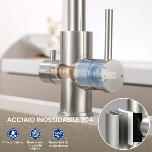 CECIPA Rubinetto Lavello Cucina, Rubinetto Filtro Acqua 3 Vie, 2 Maniglie | Miscelatore Osmosi Cucina per Depuratore, Girevole a 360°, Acqua Calda e Fredda, Acciaio Inox, Spazzolato