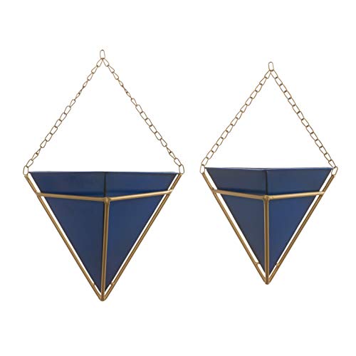Wall Pocket Hanging Triangle Planters Set of 2 Geometric with Gold Chain and Frame (Navy)