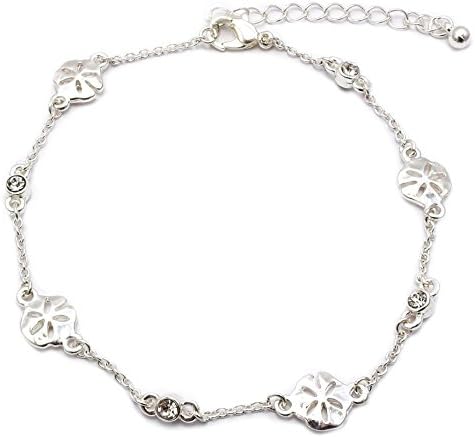 Sealife Summer Theme Bead Link Anklet Sand Dollar Silver Plated Clear Stone