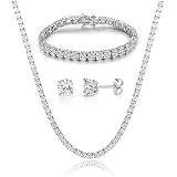Gemsme 18K White Gold Plated Tennis Necklace/Bracelet/Earrings Sets, Pack of 3- Silver