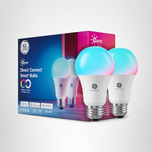 GE CYNC A19 LED SMART LIGHT BULBS, ROOM DECOR AESTHETIC BLUETOOTH AND WIFI COLOR CHANGING LIGHTS, LED INDOOR LIGHT BULB, COMPATIBLE WITH ALEXA AND GOOGLE (2 PACK)