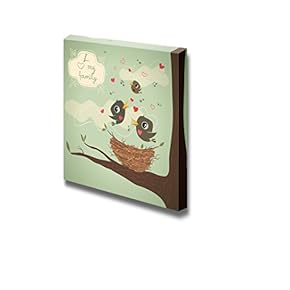 Family of Cartoon Birds Over The Nest with Musical Notes Hearts Ideal for Children Kids Room Bedroom - Canvas Art Wall Art - 12" x 12"