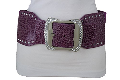 TFJ Women Fashion Wide Elastic Belt Hip Waist Silver Metal Bling Buckle M L Purple
