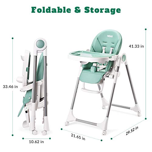 HEAO Baby High Chair 360° Rotating Wheels Green Highchair 7 Heights