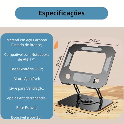 Suporte para Notebook e Laptop de até 17" MTS, Tablets e Celulares, Aço Carbono, Ajustável, Dobrável, Base Giratória 360° e Aberto para Ventilação, Suporta até 10kgs, Ergonômico Portátil (Branco)