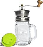 Smith's Mason Jar Coffee Mug with Ceramic Grinder with Silicone Drinking Lid - Amazing Manual Adjustable Coffee Grinder