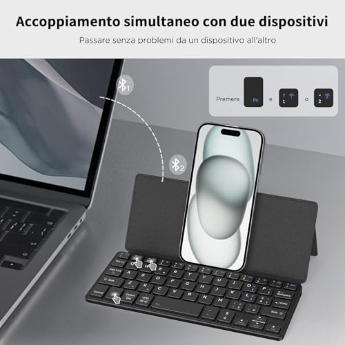 CACOE Bluetooth Keyboard with Stand, Mini Portable Super Light | Mini Folding Keyboard Dual Channel for Mobile Phone, Smartphone and Other iOS Android Windows, Black