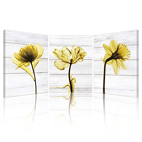SUMGAR Canvas Wall Art Flowers Pictures Yellow Framed Prints Set of 3 Paintings Farmhouse Bathroom Bedroom Kitchen Living Room Accessories Home Decor 30x40 cm